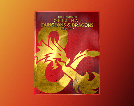 Red-and-gold dust jacket cover of The Making of Original Dungeons & Dragons: 1970-1977, on a orange-to-black gradient background